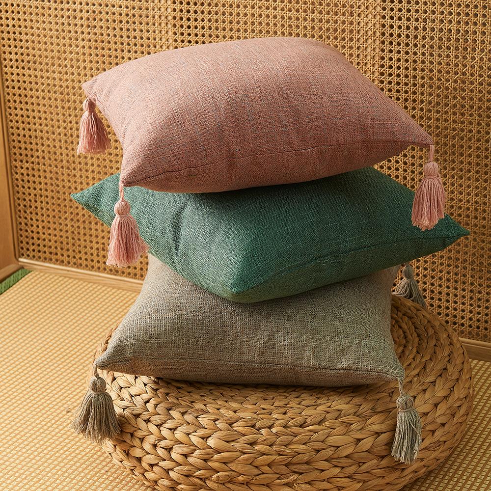 Pure Color Cotton Hemp Tassel Pillow Cover