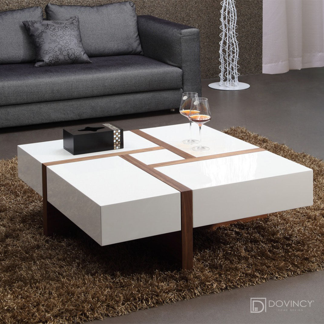 DOVA Table basse carrée moderne en blanc et noyer